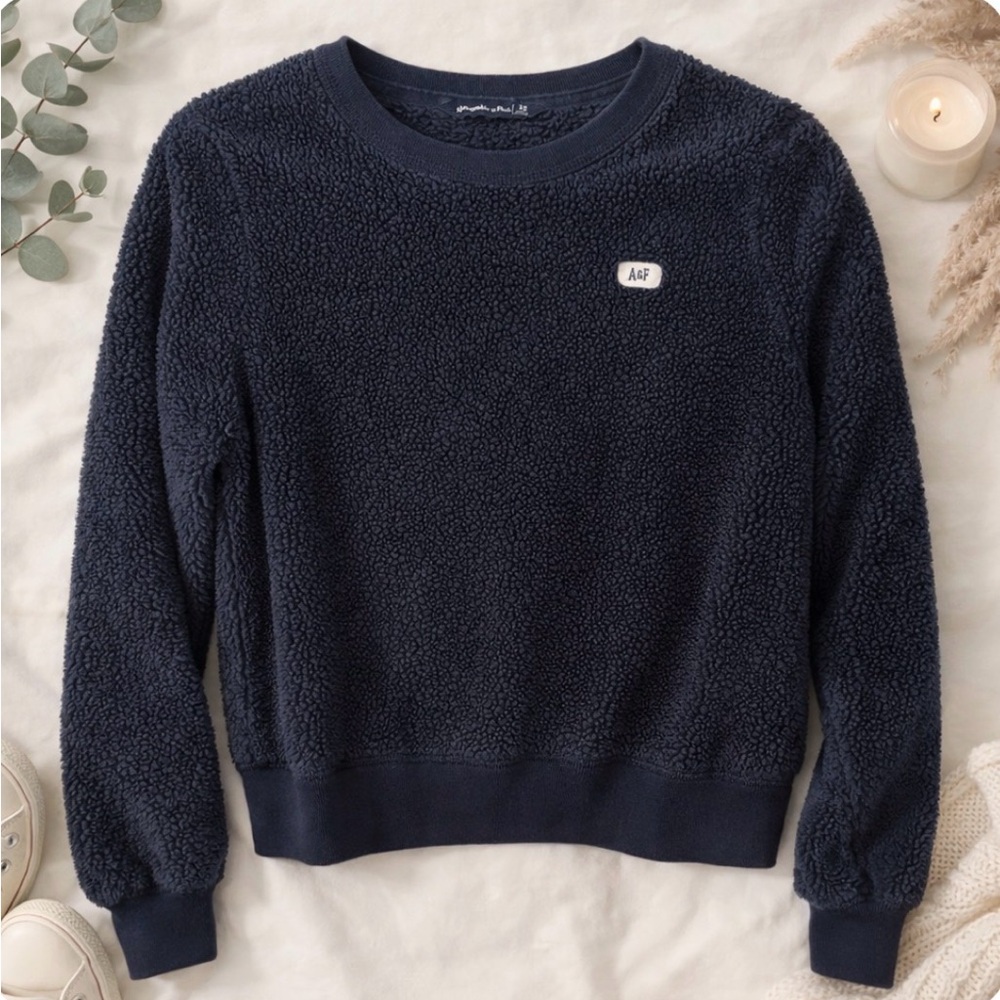 Abercrombie & Fitch Sherpa Fleece Crew Neck Cropped Sweatshirt Navy Blue XS💕